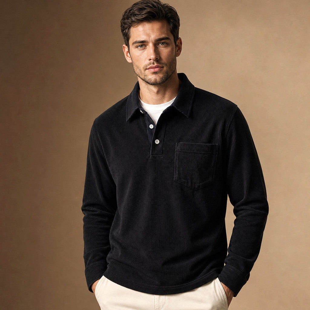 Brennox | Long Sleeve Polo Shirt Ribbed Texture Black – Product Photo