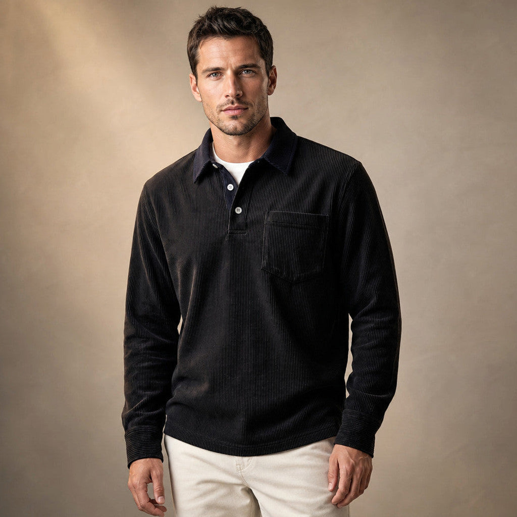 Brennox | Long Sleeve Polo Shirt Ribbed Texture in Black – Premium Editorial