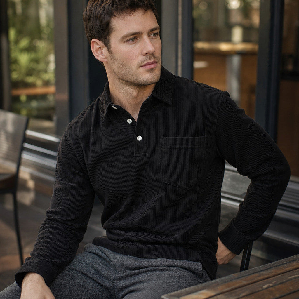 Brennox | Long Sleeve Polo Shirt Ribbed Texture Black – Styled Editorial Shot