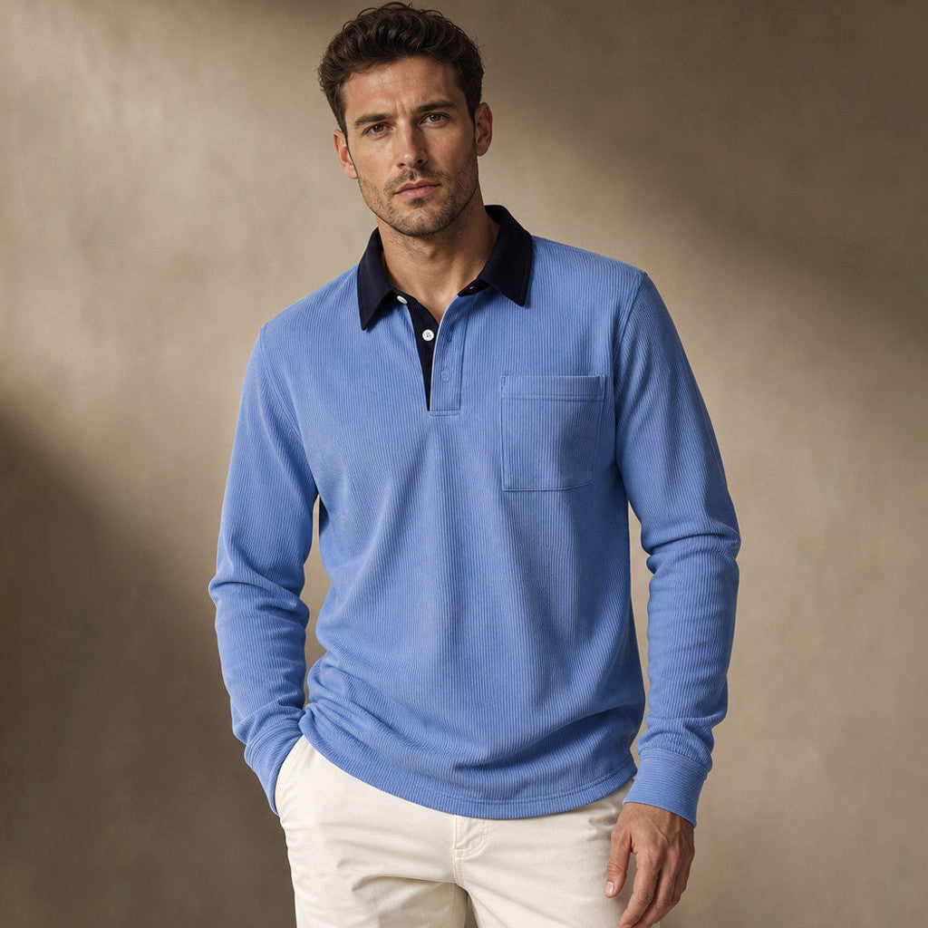 Brennox | Long Sleeve Polo Shirt Ribbed Texture Blue – Product Photo