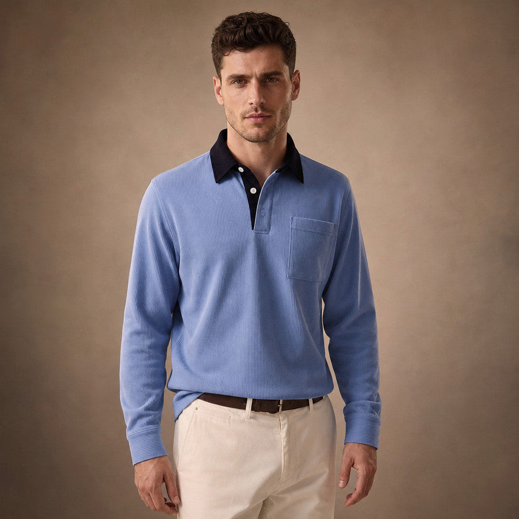 Brennox | Long Sleeve Polo Shirt Ribbed Texture in Blue – Premium Editorial