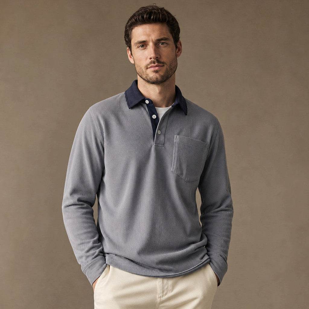 Brennox | Long Sleeve Polo Shirt Ribbed Texture Grey – Product Photo