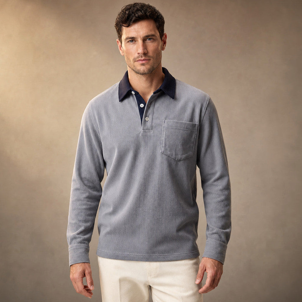 Brennox | Long Sleeve Polo Shirt Ribbed Texture in Grey – Premium Editorial