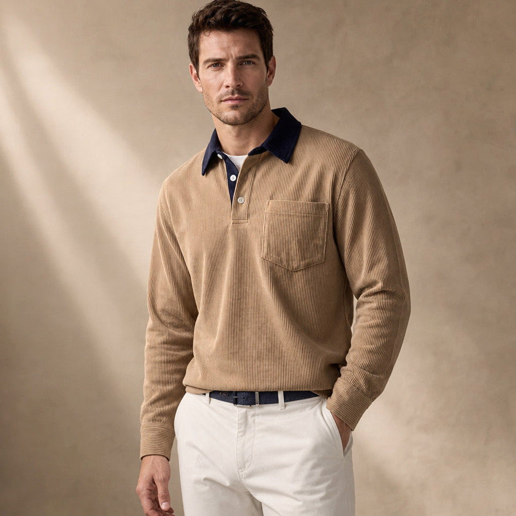 Brennox | Long Sleeve Polo Shirt Ribbed Texture Khaki – Product Photo