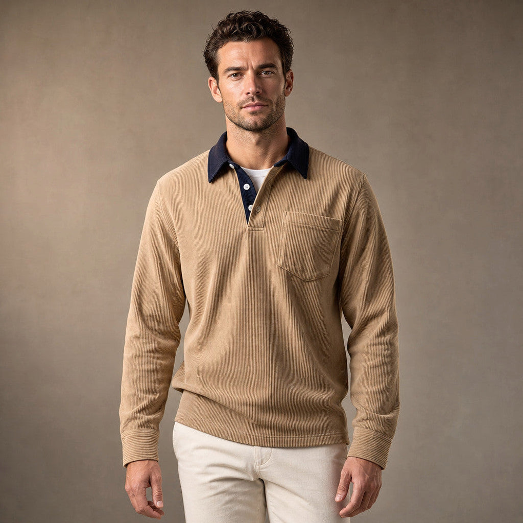 Brennox | Long Sleeve Polo Shirt Ribbed Texture in Khaki – Premium Editorial