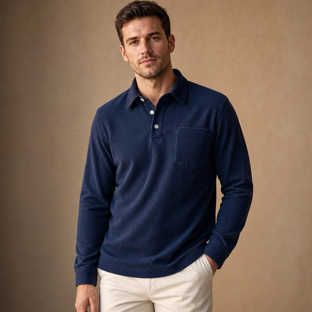 Brennox | Long Sleeve Polo Shirt Ribbed Texture Navy Blue – Product Photo