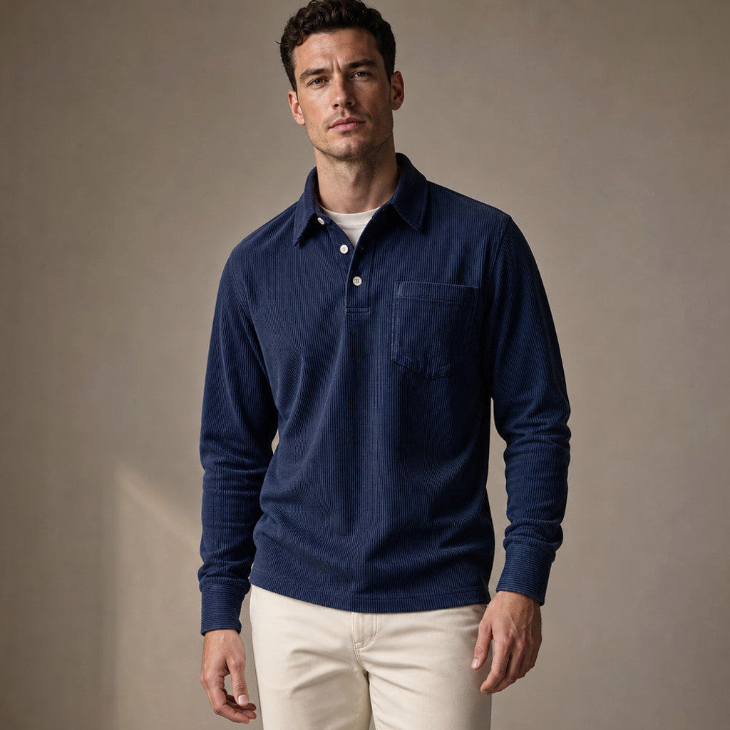 Brennox | Long Sleeve Polo Shirt Ribbed Texture in Navy Blue – Premium Editorial
