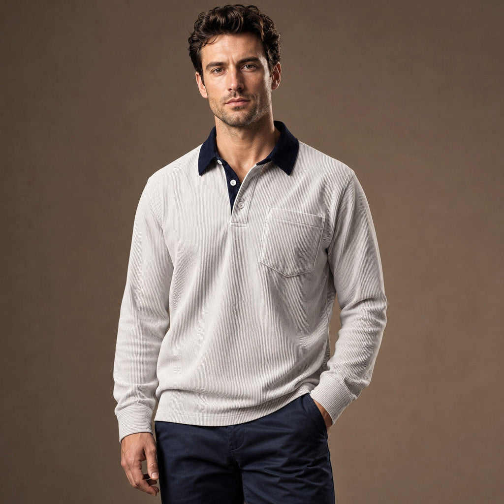 Brennox | Long Sleeve Polo Shirt Ribbed Texture White – Product Photo