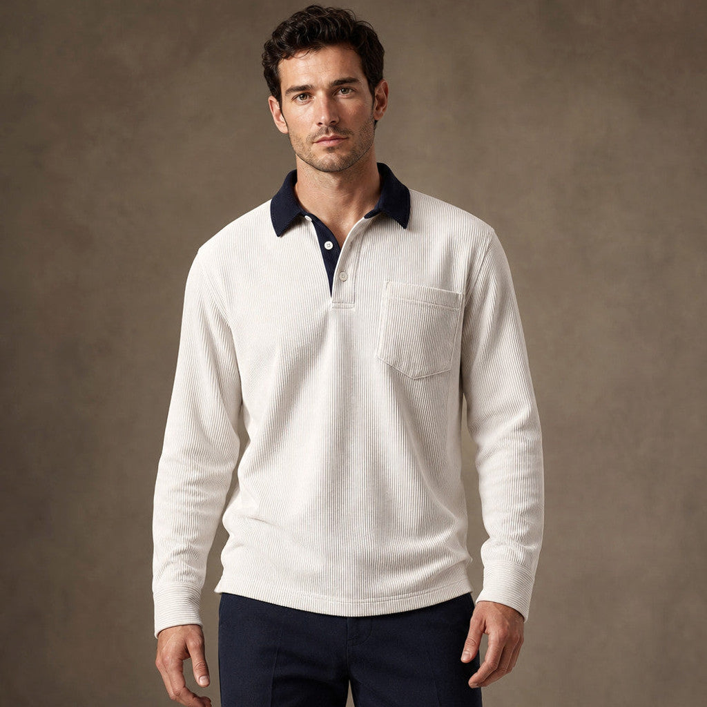 Brennox | Long Sleeve Polo Shirt Ribbed Texture in White – Premium Editorial