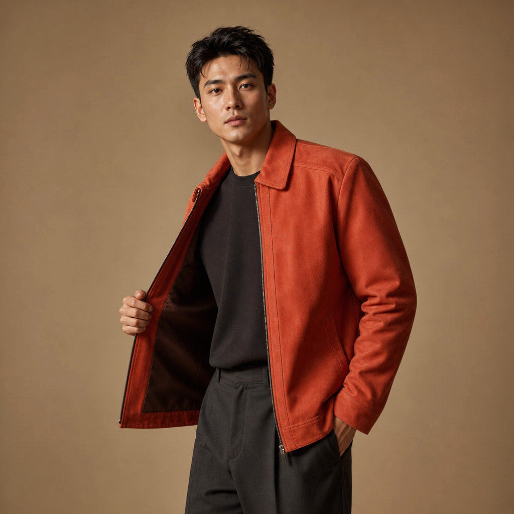 Brenor | Trucker Jacket Suede Orange Orange – Side Angle View