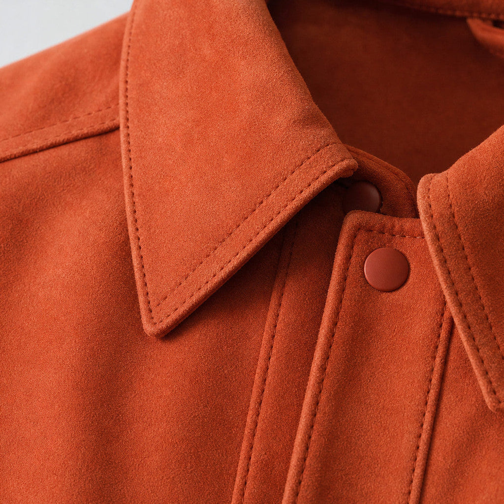 Brenor | Trucker Jacket Suede Orange Orange – Fabric and Detail Close-Up