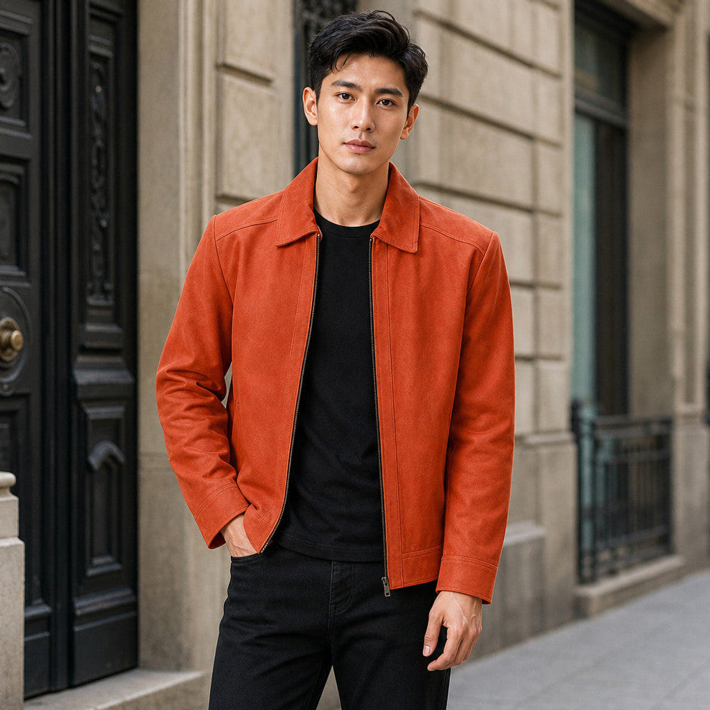 Brenor | Trucker Jacket Suede Orange Orange – Styled Editorial Shot