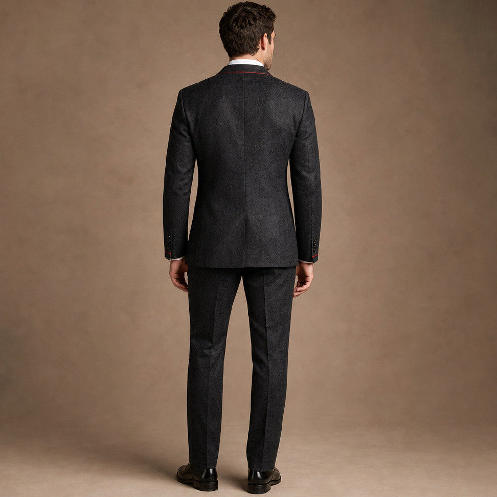 Brenox | Tuxedo Suit Three Piece Red Peak Lapel Black / Red – Side Angle View