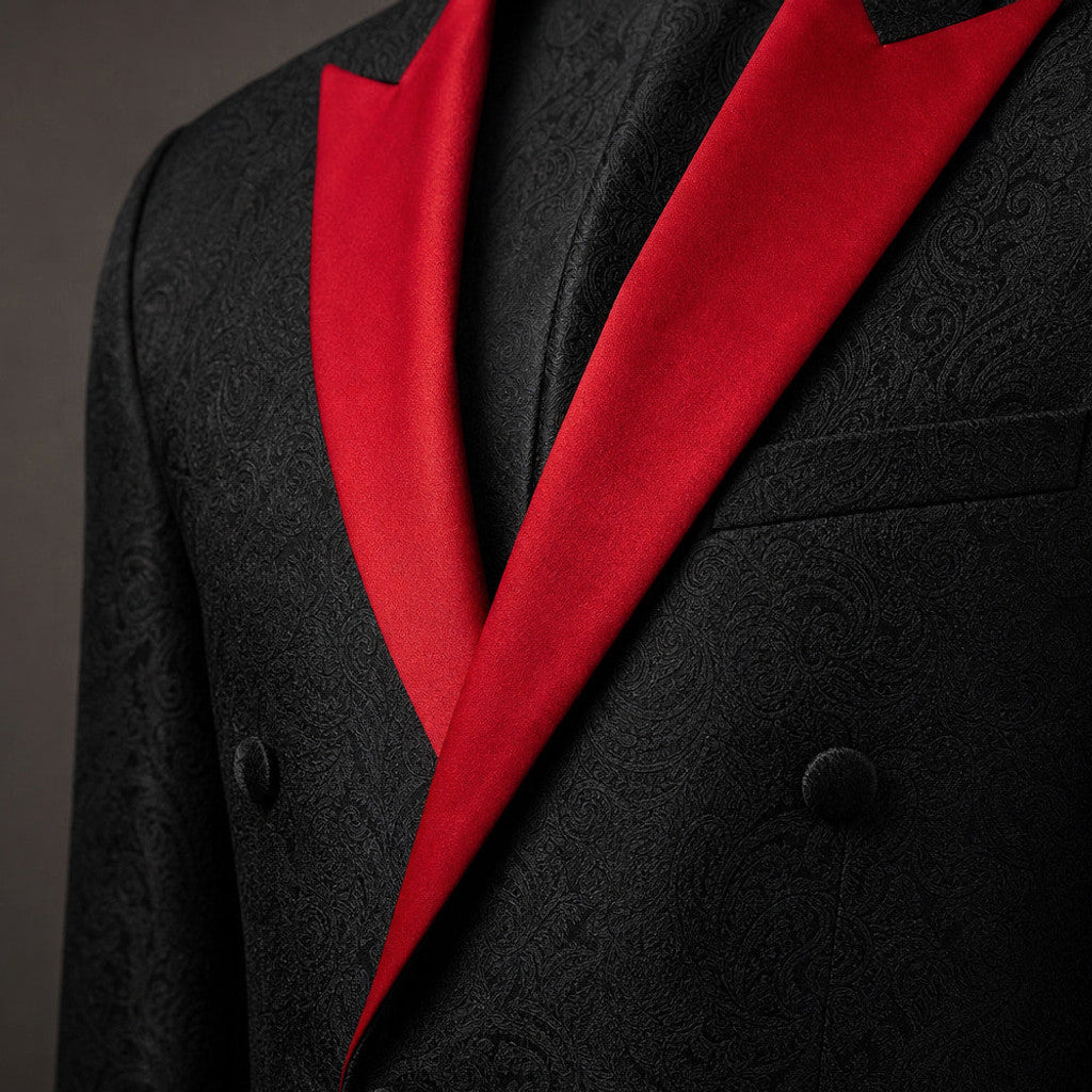 Brenox | Tuxedo Suit Three Piece Red Peak Lapel Black / Red – Fabric and Detail Close-Up