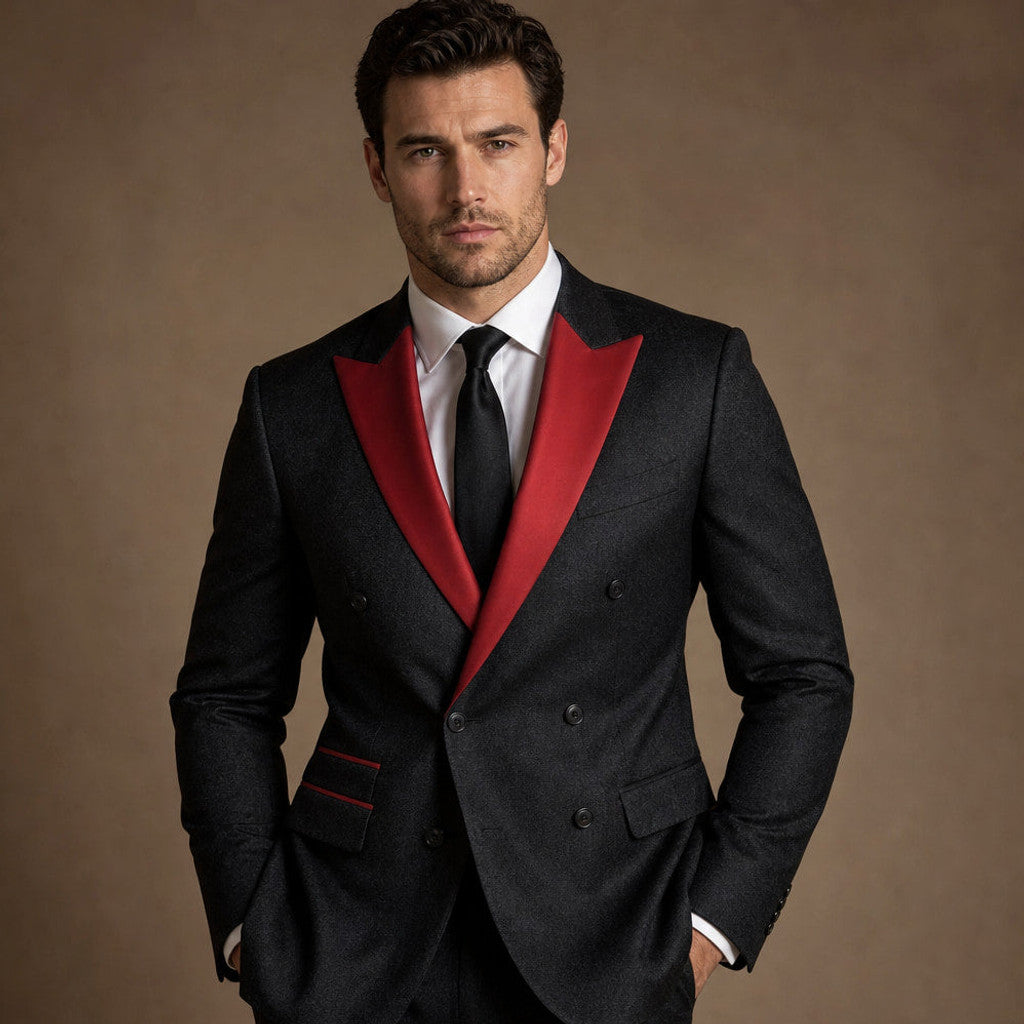 Brenox | Tuxedo Suit Three Piece Red Peak Lapel Black / Red – Full Look