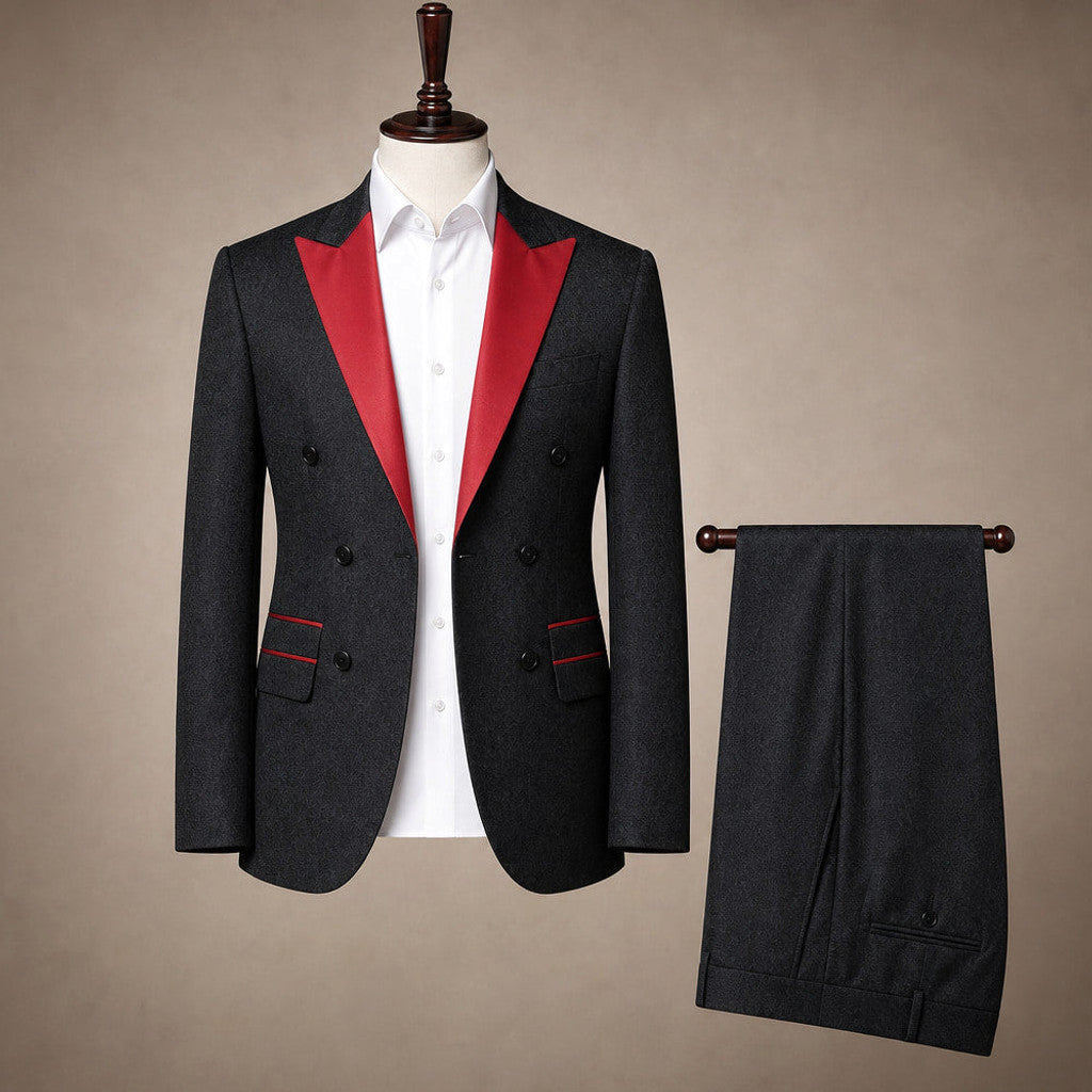Brenox | Tuxedo Suit Three Piece Red Peak Lapel Black / Red – Product Photo