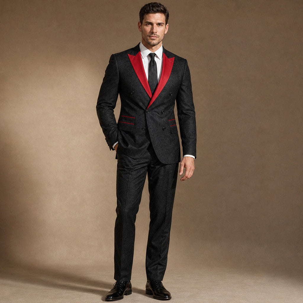Brenox | Tuxedo Suit Three Piece Red Peak Lapel in Black / Red – Premium Editorial