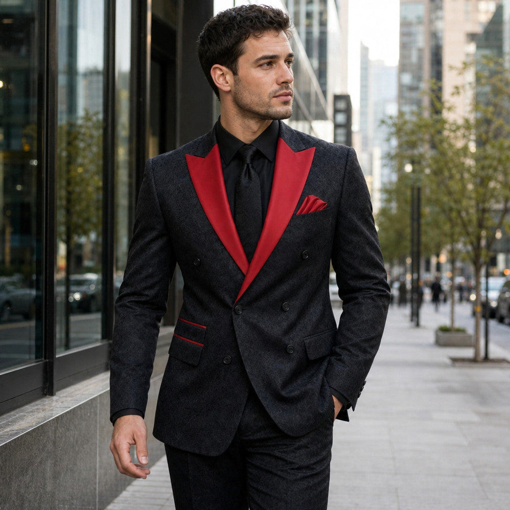 Brenox | Tuxedo Suit Three Piece Red Peak Lapel Black / Red – Styled Editorial Shot