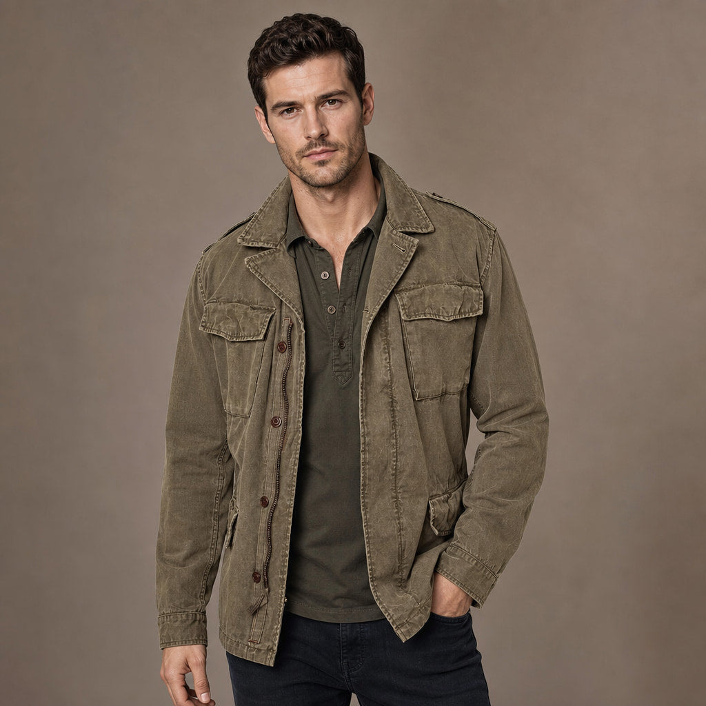 Field Jacket Multi-Pocket Vintage Utility in Khaki – Tomosino Premium Menswear