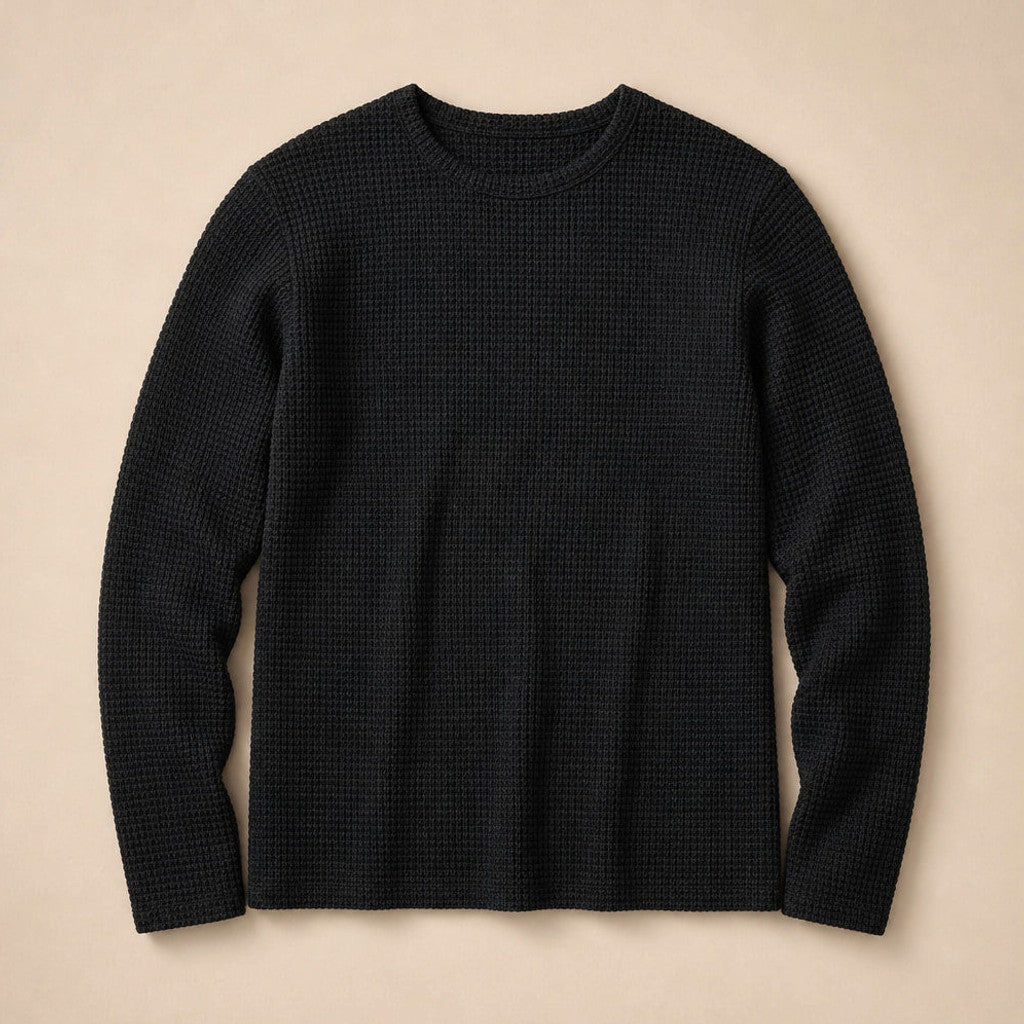 Bretto | Waffle Knit T Shirt Long Sleeve Black – Product Photo