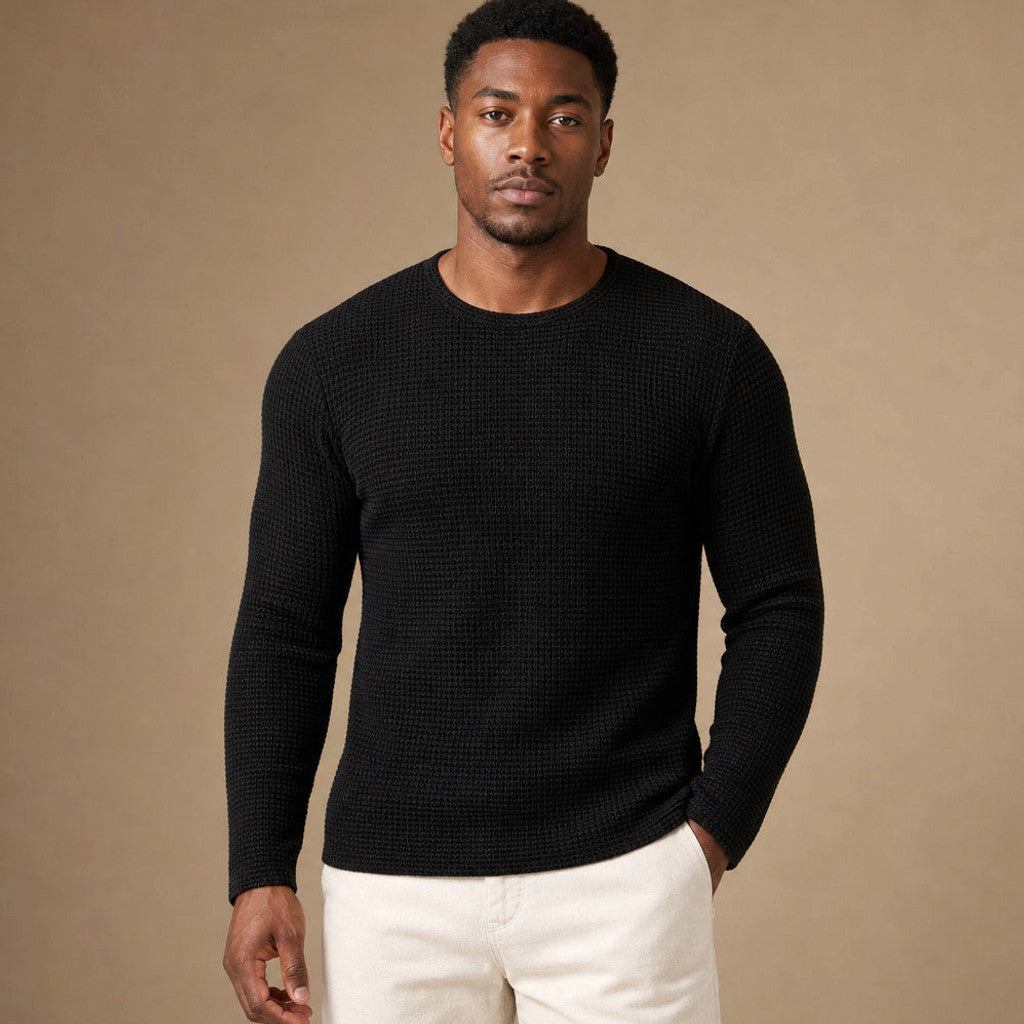 Bretto | Waffle Knit T Shirt Long Sleeve in Black – Premium Editorial