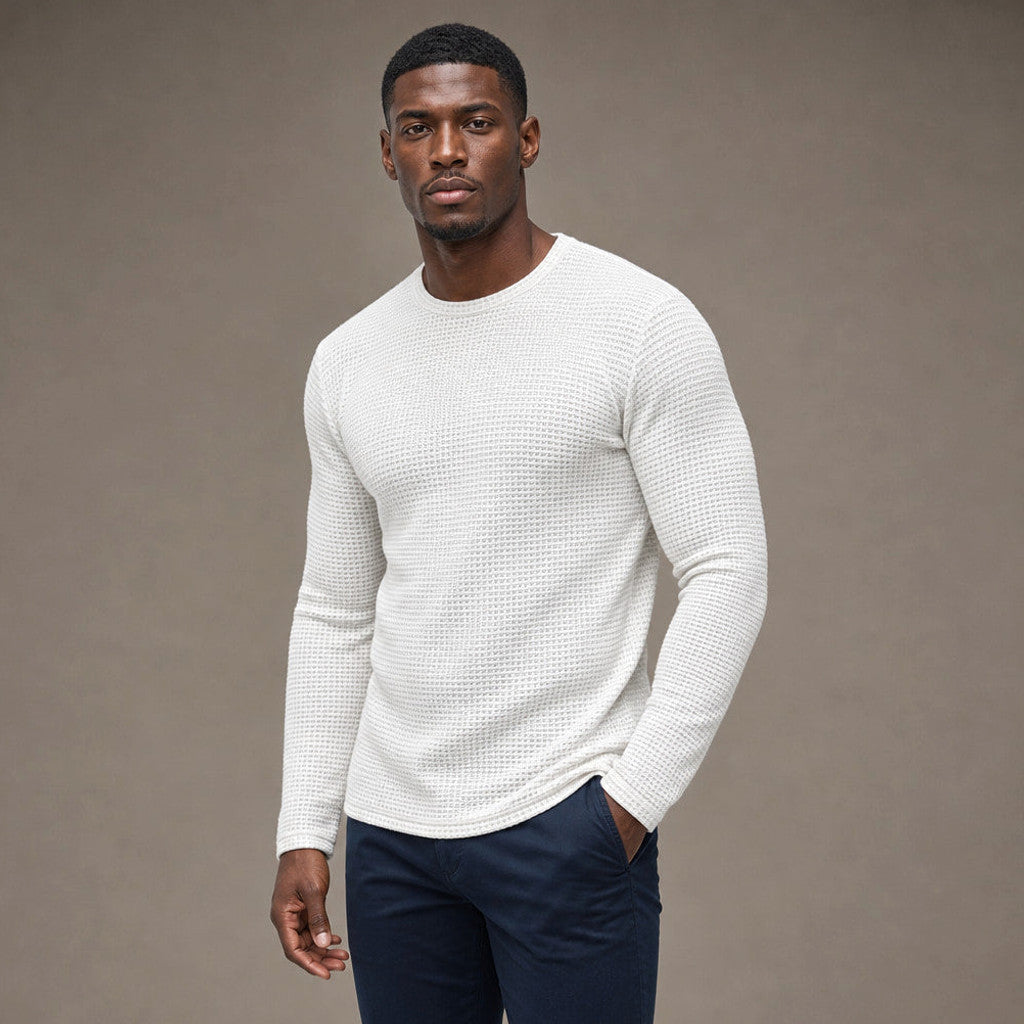 Bretto | Waffle Knit T Shirt Long Sleeve White – Side Angle View