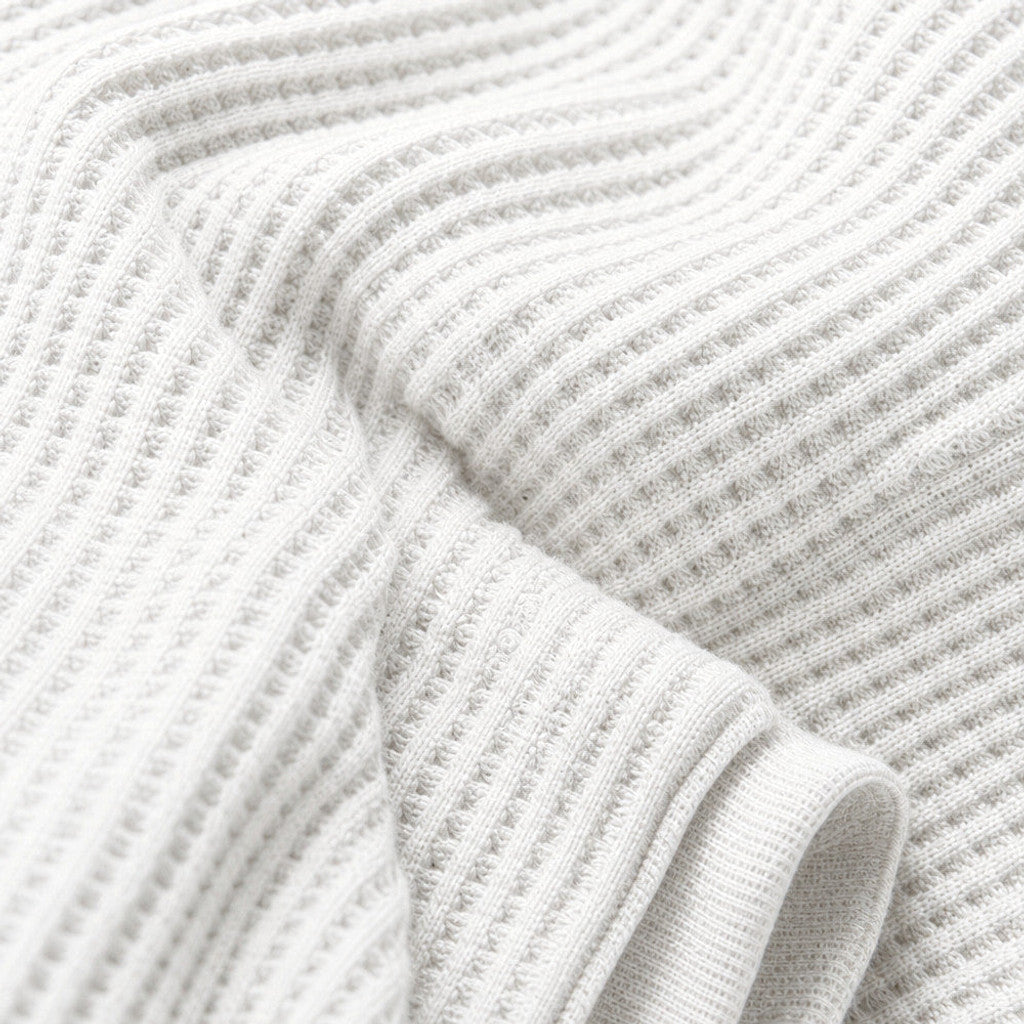 Bretto | Waffle Knit T Shirt Long Sleeve White – Fabric and Detail Close-Up