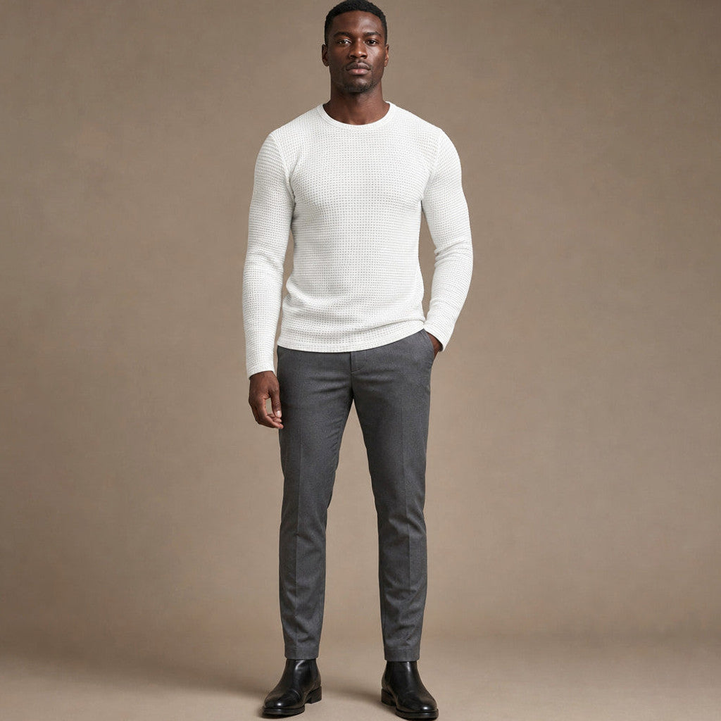 Bretto | Waffle Knit T Shirt Long Sleeve White – Full Look