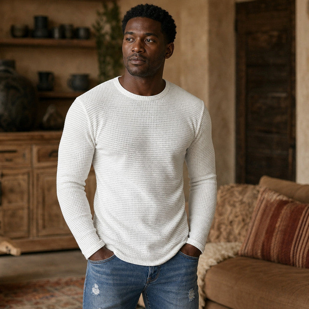 Bretto | Waffle Knit T Shirt Long Sleeve White – Styled Editorial Shot
