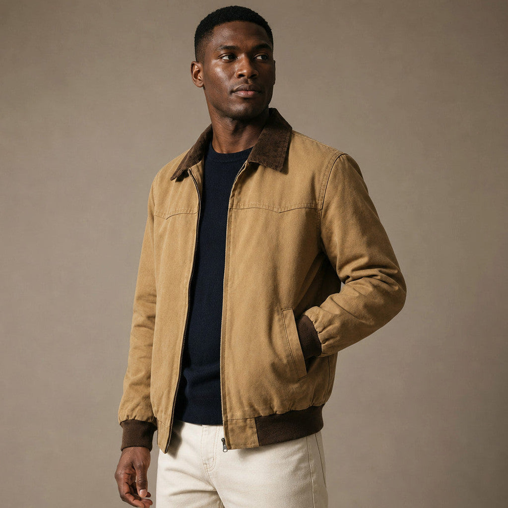Briex | Work Jacket Cotton Blend Relaxed Fit Khaki – Side Angle View