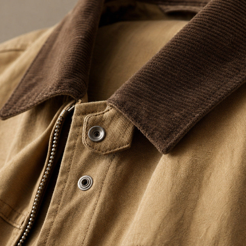 Briex | Work Jacket Cotton Blend Relaxed Fit Khaki – Fabric and Detail Close-Up
