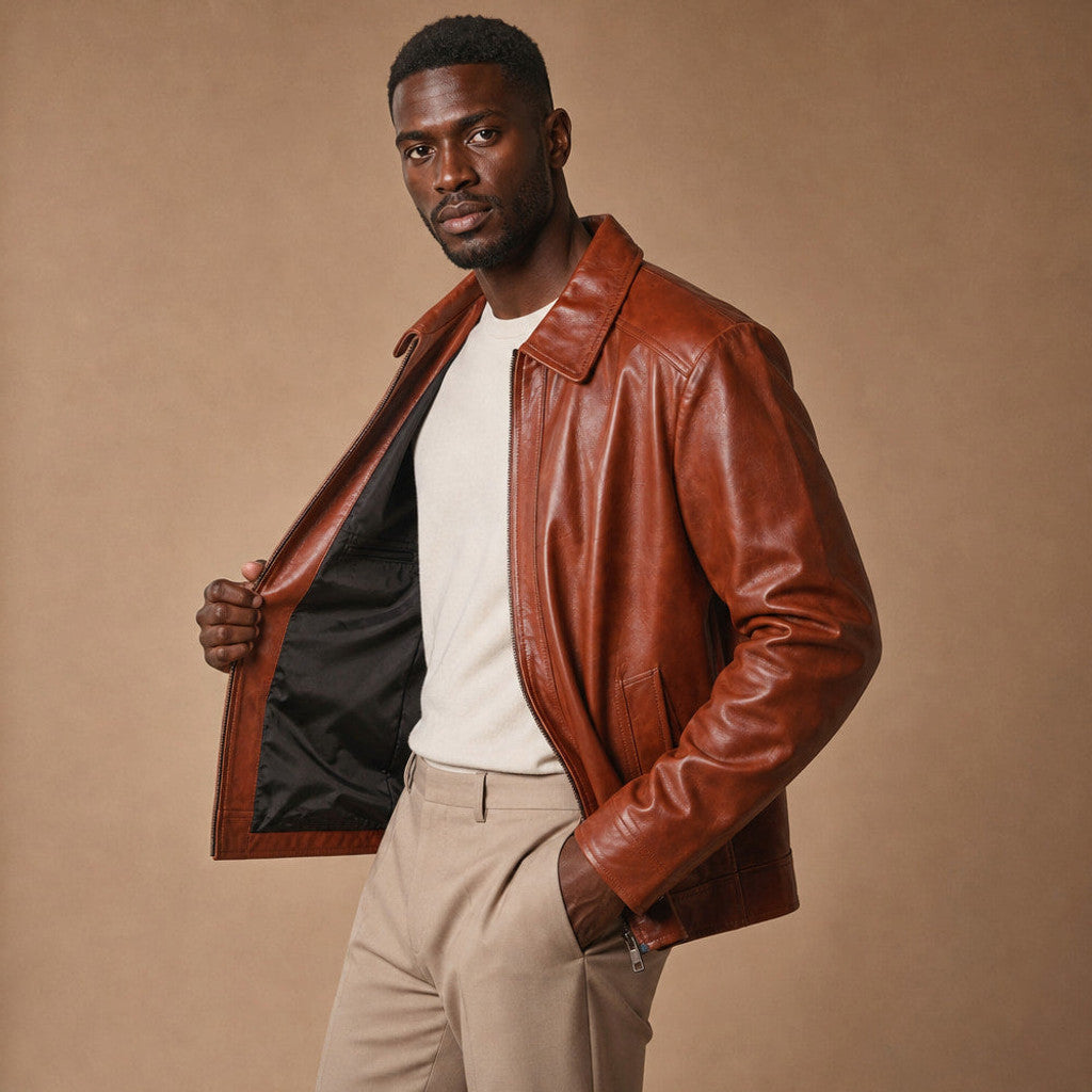 Brilon | Leather Biker Jacket Sheepskin Brown Brown – Side Angle View