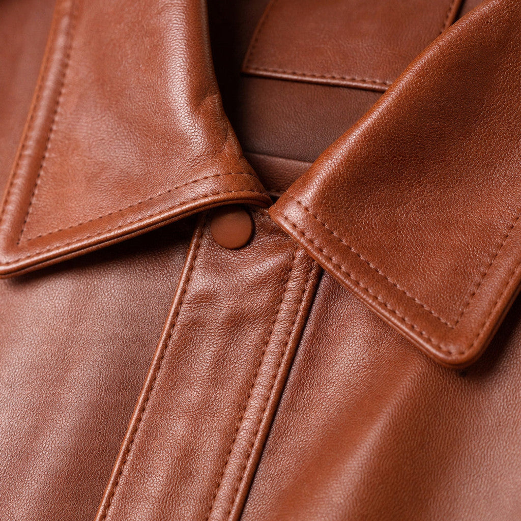 Brilon | Leather Biker Jacket Sheepskin Brown Brown – Fabric and Detail Close-Up