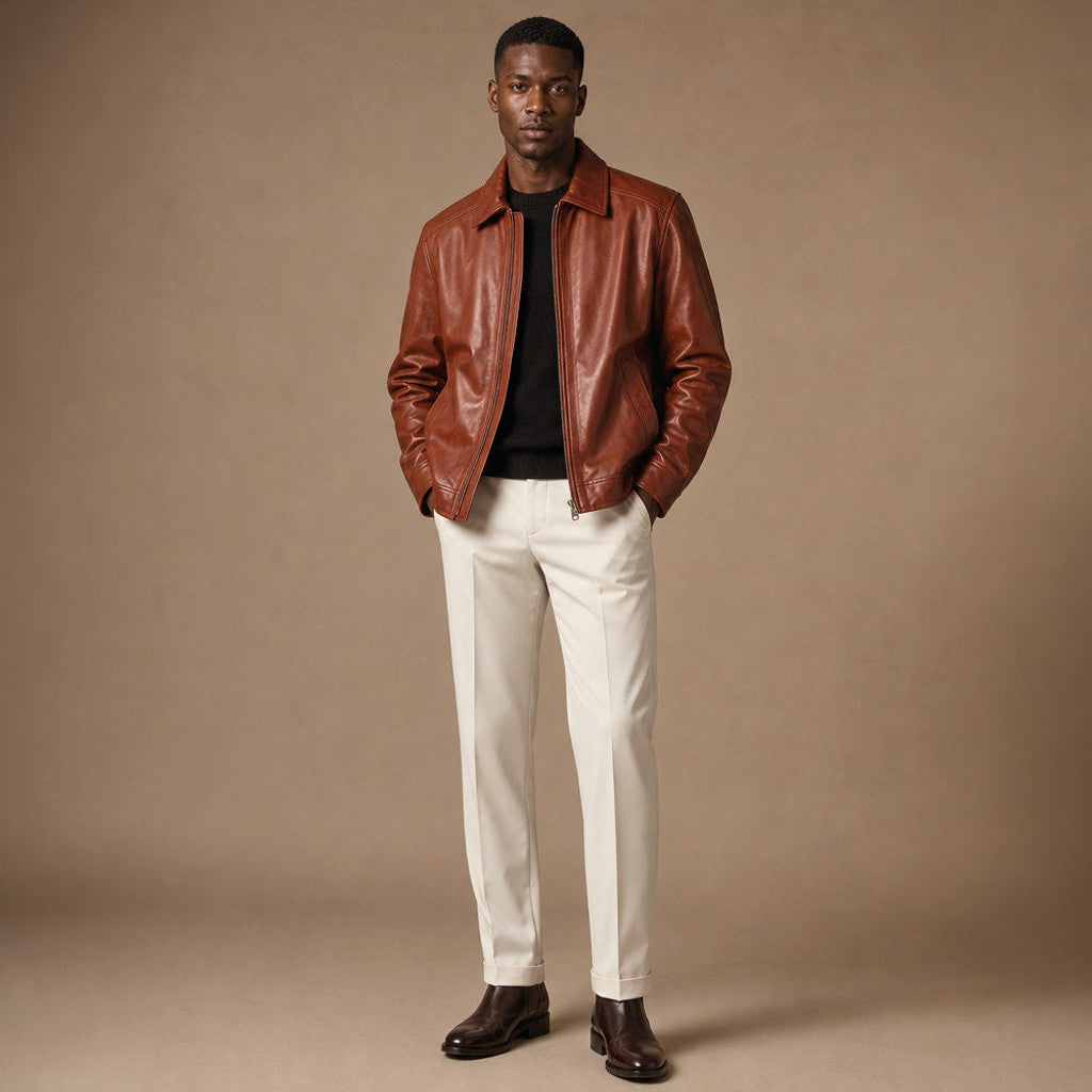 Brilon | Leather Biker Jacket Sheepskin Brown Brown – Full Look