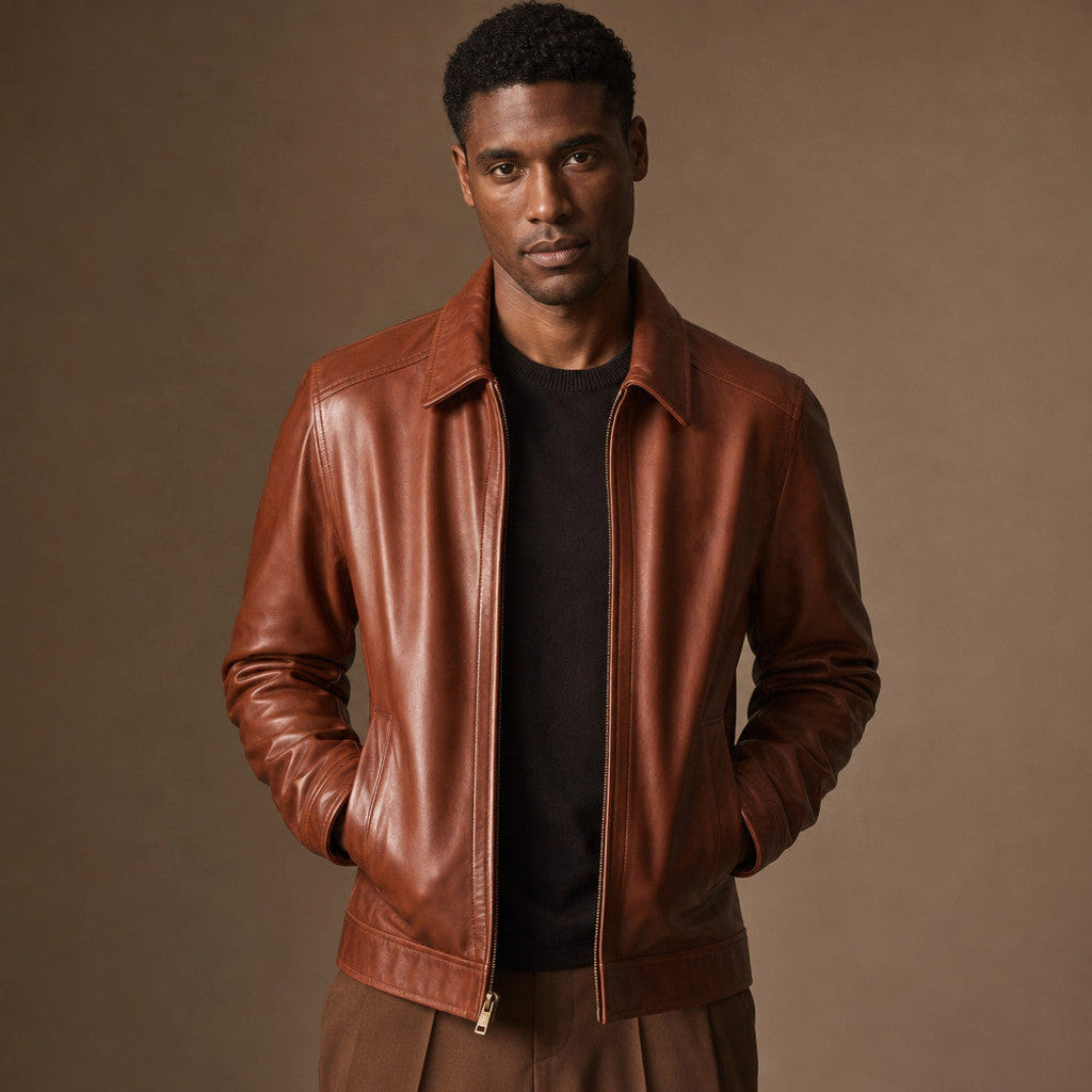 Brilon | Leather Biker Jacket Sheepskin Brown Brown – Product Photo