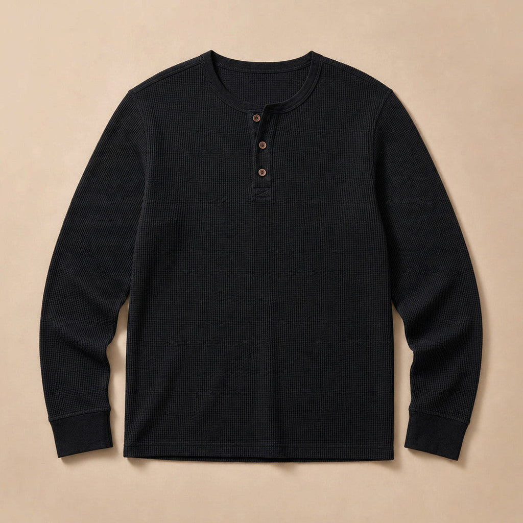 Brimax | Waffle Knit Henley T Shirt Black – Product Photo