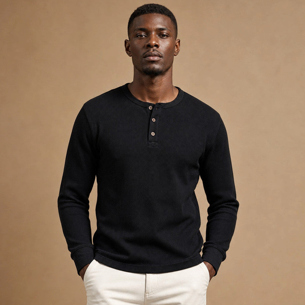 Brimax | Waffle Knit Henley T Shirt in Black – Premium Editorial