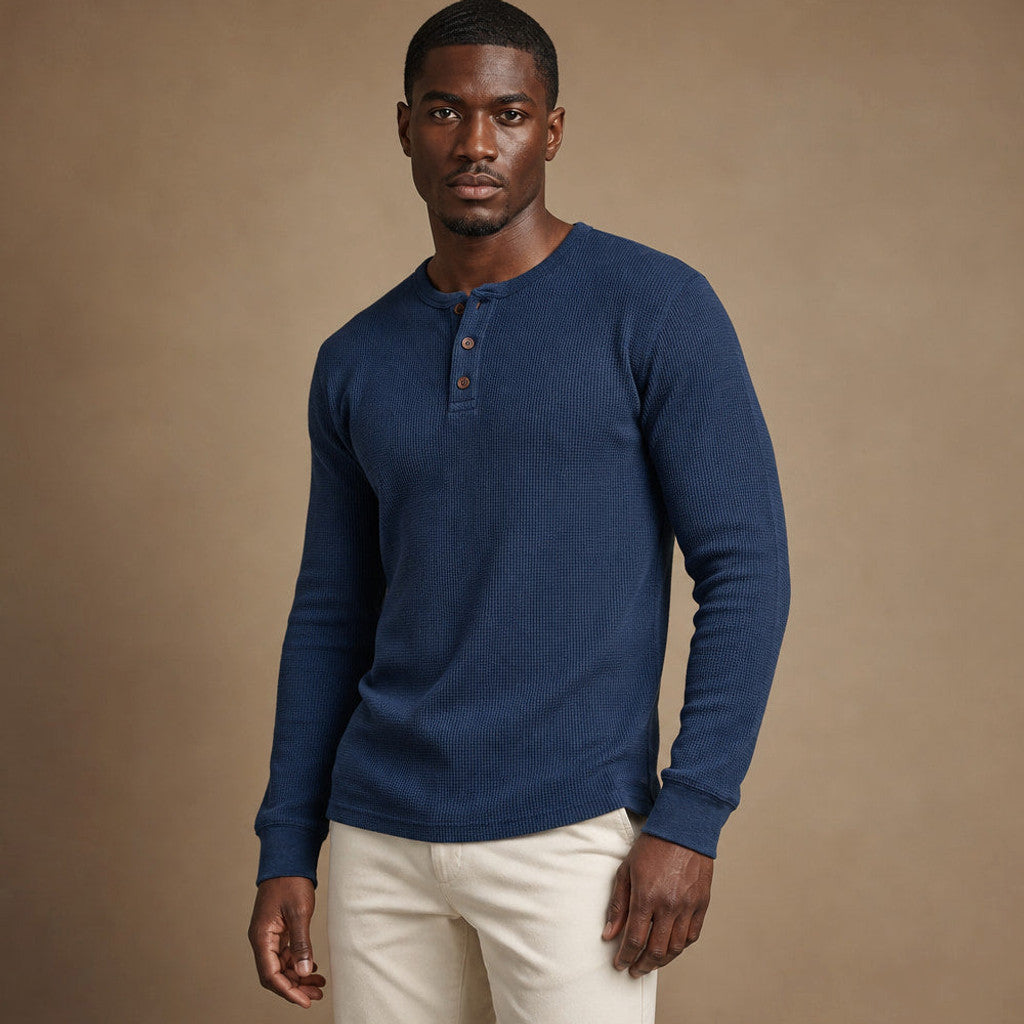 Brimax | Waffle Knit Henley T Shirt Blue – Side Angle View