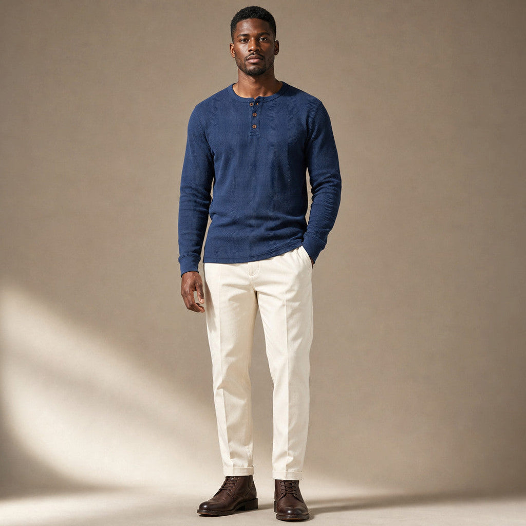 Brimax | Waffle Knit Henley T Shirt Blue – Full Look