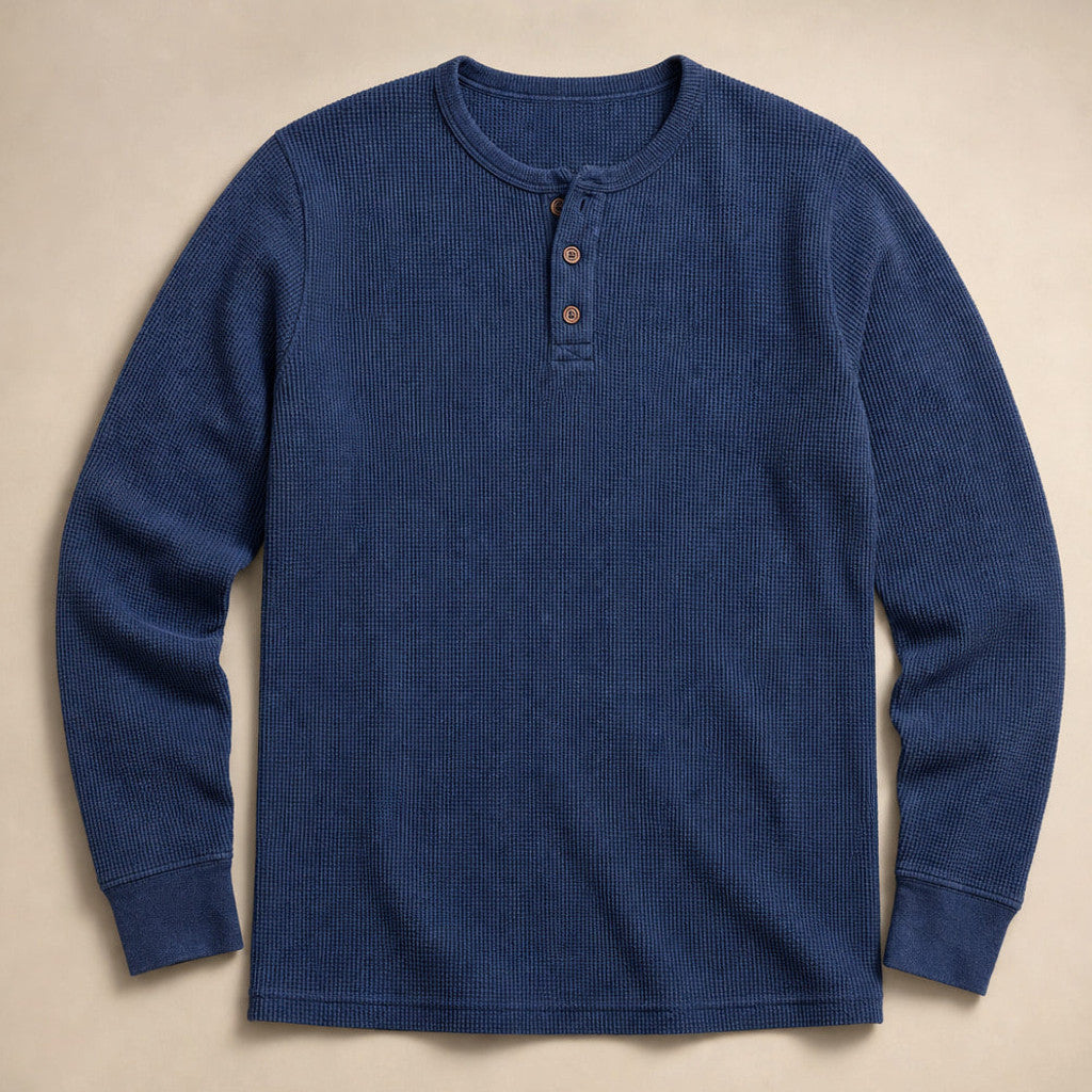 Brimax | Waffle Knit Henley T Shirt Blue – Product Photo