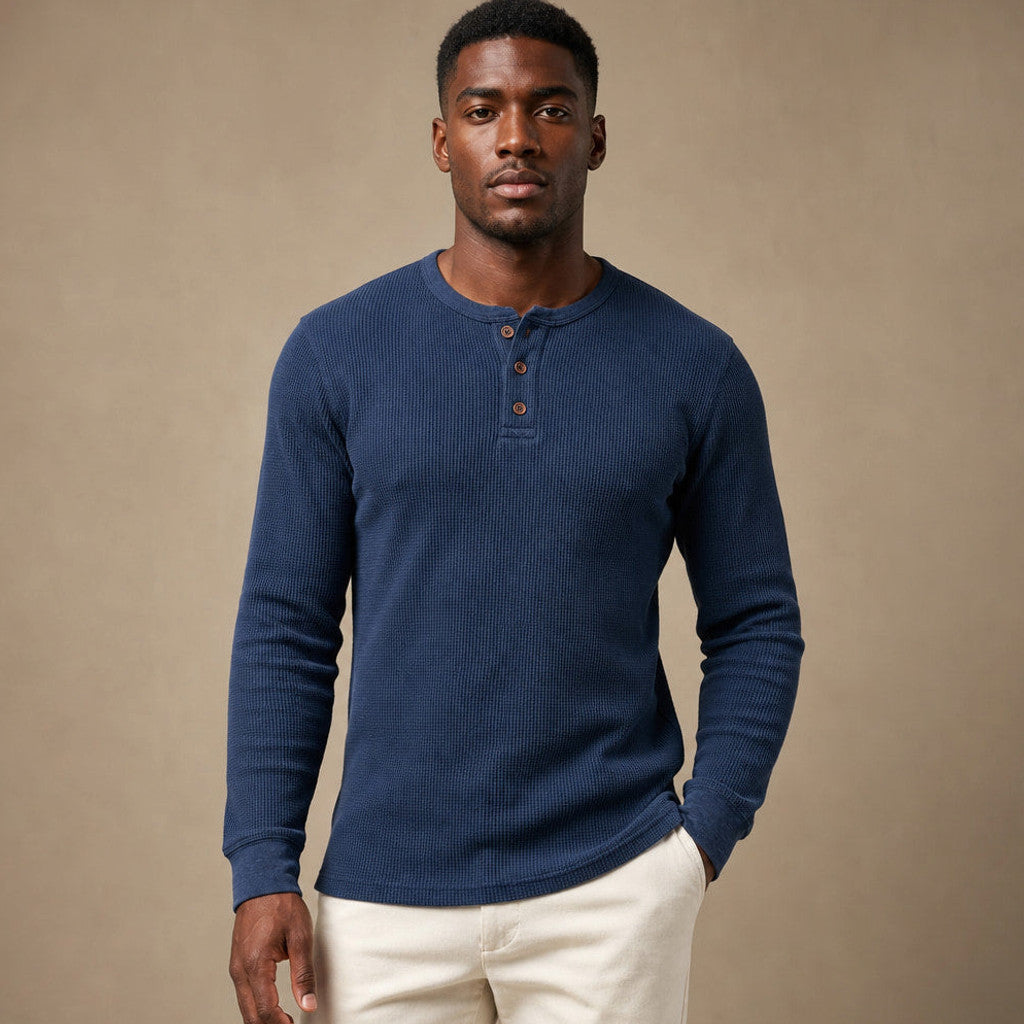 Brimax | Waffle Knit Henley T Shirt in Blue – Premium Editorial