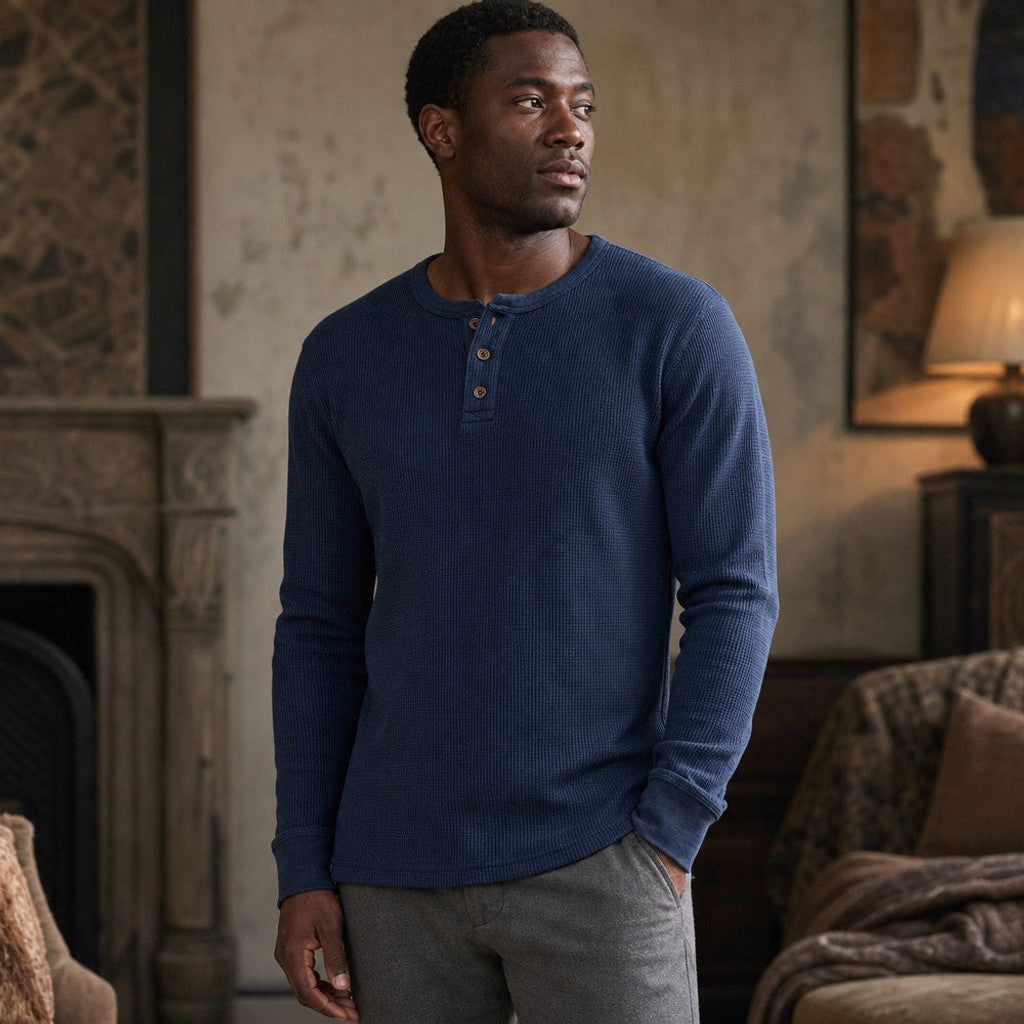 Brimax | Waffle Knit Henley T Shirt Blue – Styled Editorial Shot