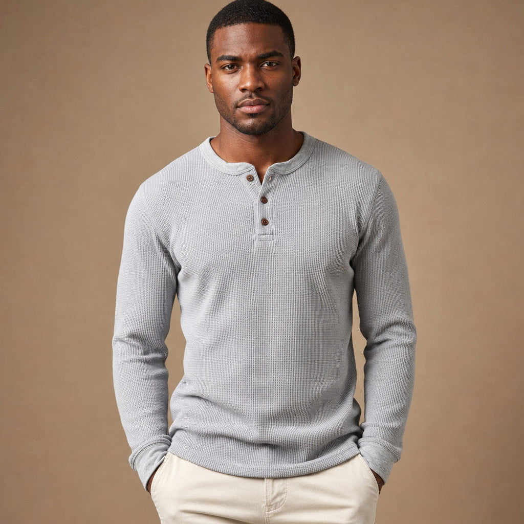 Brimax | Waffle Knit Henley T Shirt in Grey – Premium Editorial