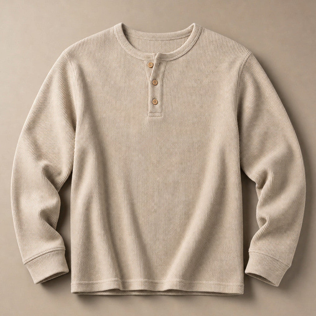 Brimax | Waffle Knit Henley T Shirt Khaki – Product Photo
