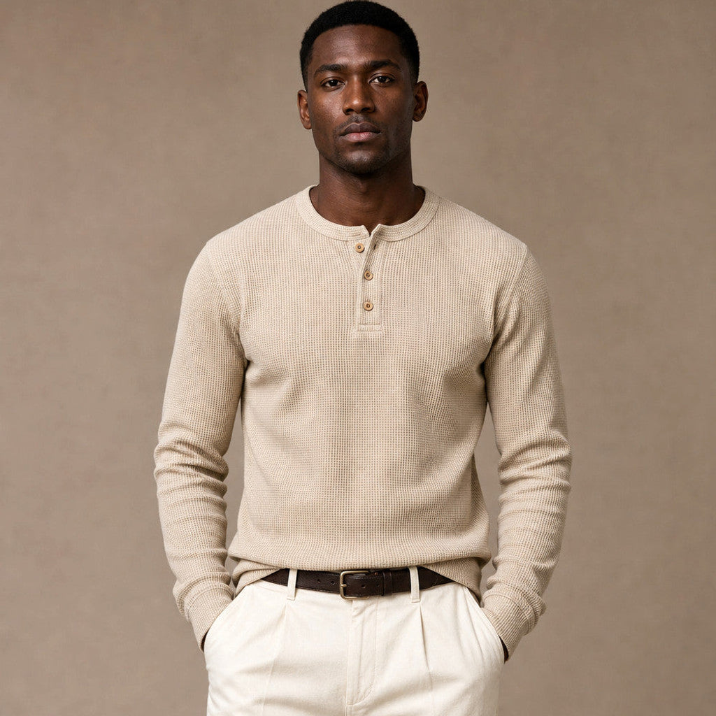 Brimax | Waffle Knit Henley T Shirt in Khaki – Premium Editorial
