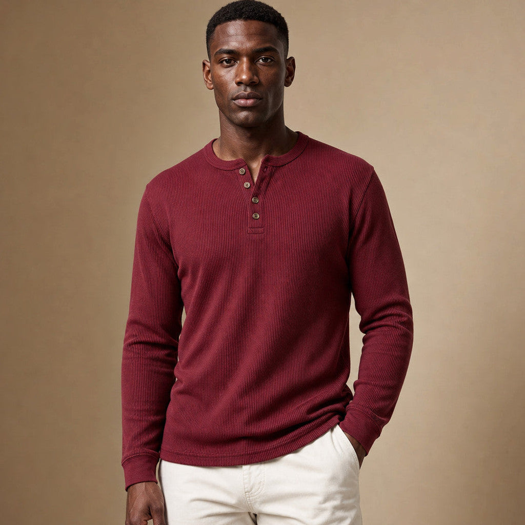 Brimax | Waffle Knit Henley T Shirt in Wine – Premium Editorial