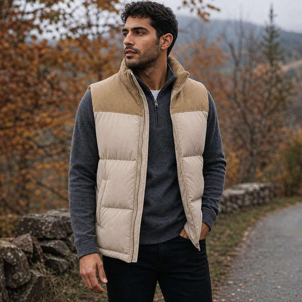 Brinex | Puffer Vest Quilted Stand Collar Beige – Styled Editorial Shot