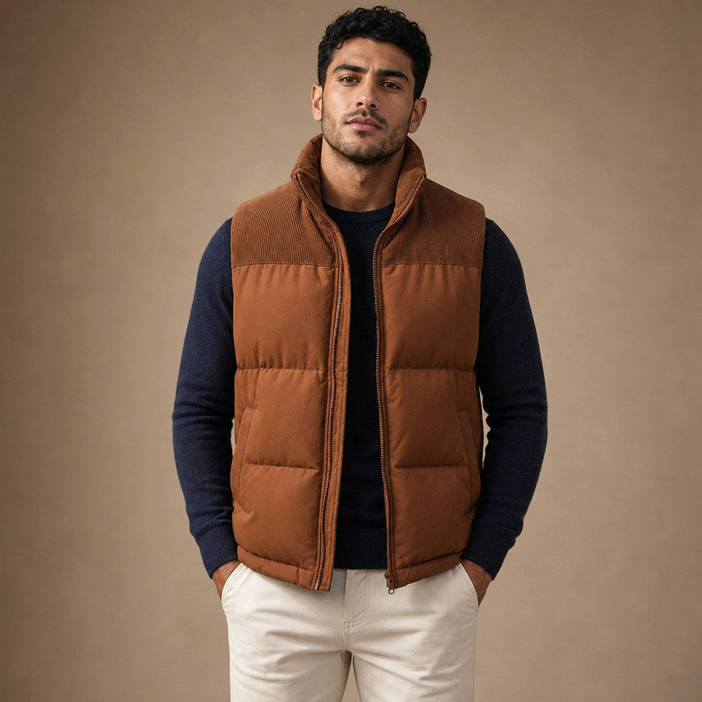 Brinex | Puffer Vest Quilted Stand Collar in Brown – Premium Editorial