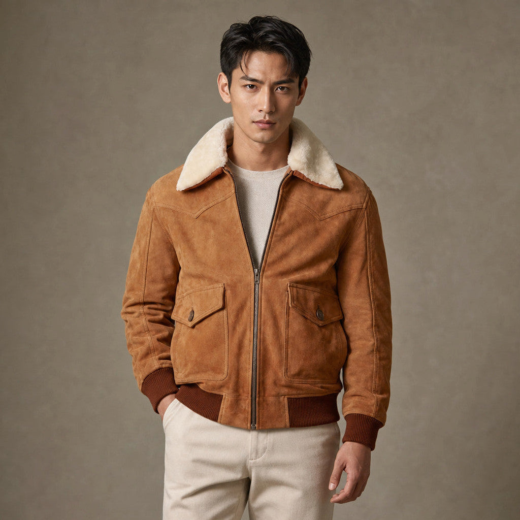 Brisor | Suede Bomber Jacket Shearling Collar Brown – Product Photo