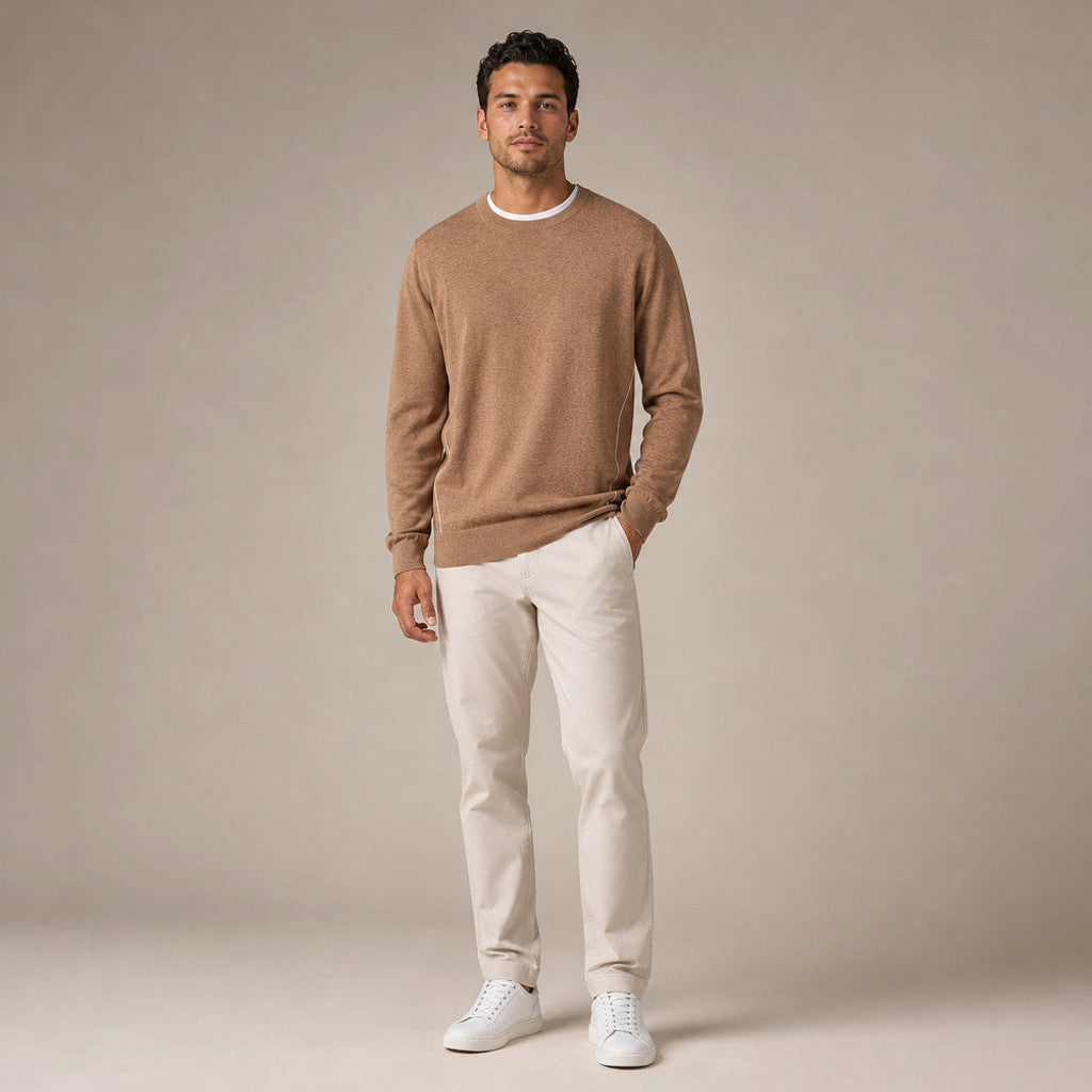 Broderick | Crewneck Jumper Contrast Piping Camel – Full Look